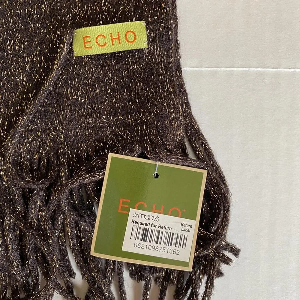 ECHO Metallic Brown Scarf Womens OS NWT Autumnal Boho Chic Knitware Fringe Cozy